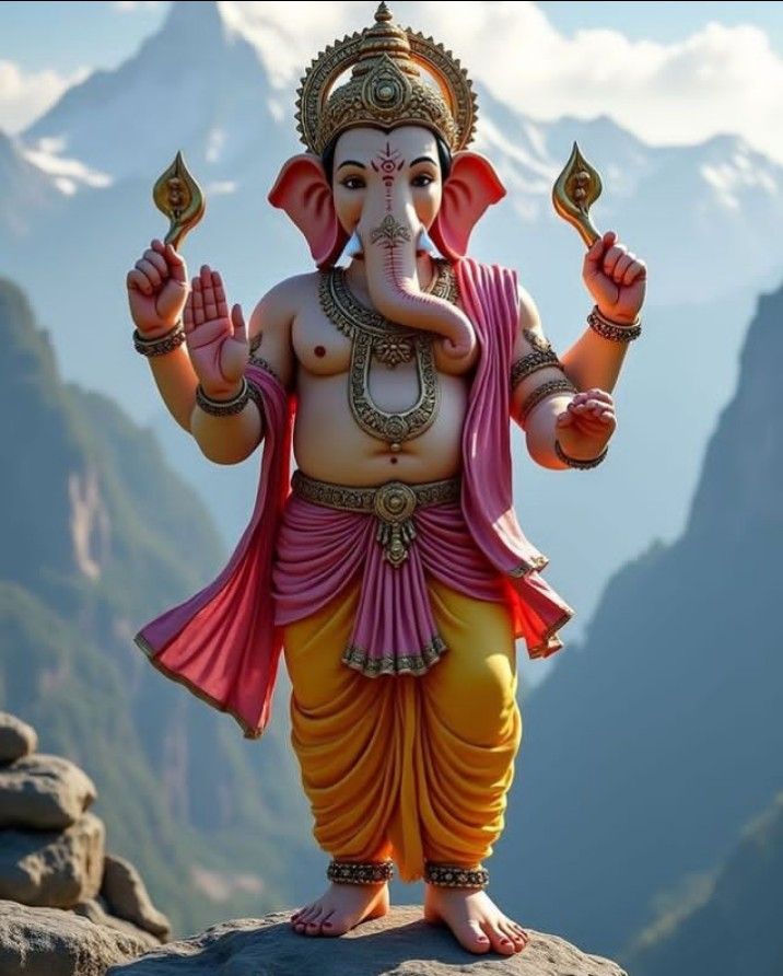 Ganpati seated on rock with mountains