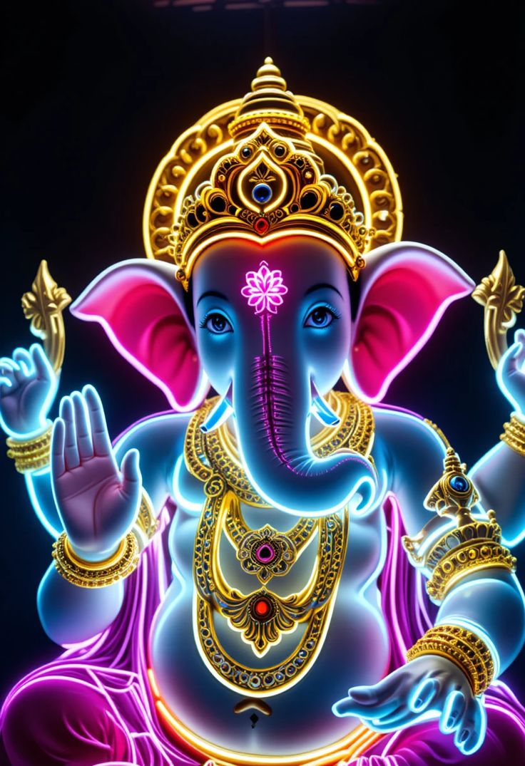Neon-lit Ganesha radiates divine energy.