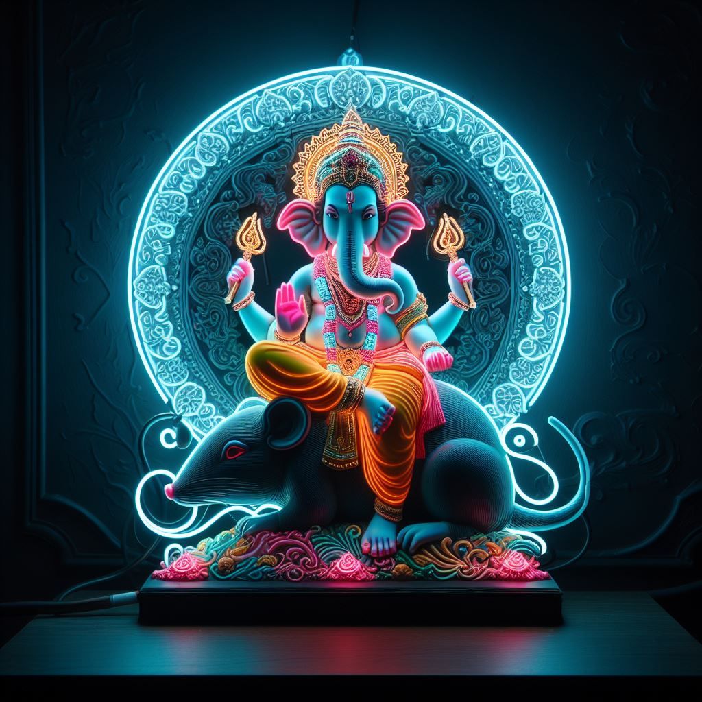 Neon lit Ganesha on his mouse