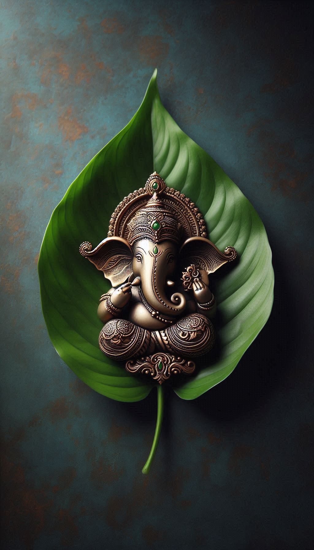 Golden Ganesha idol on green leaf.