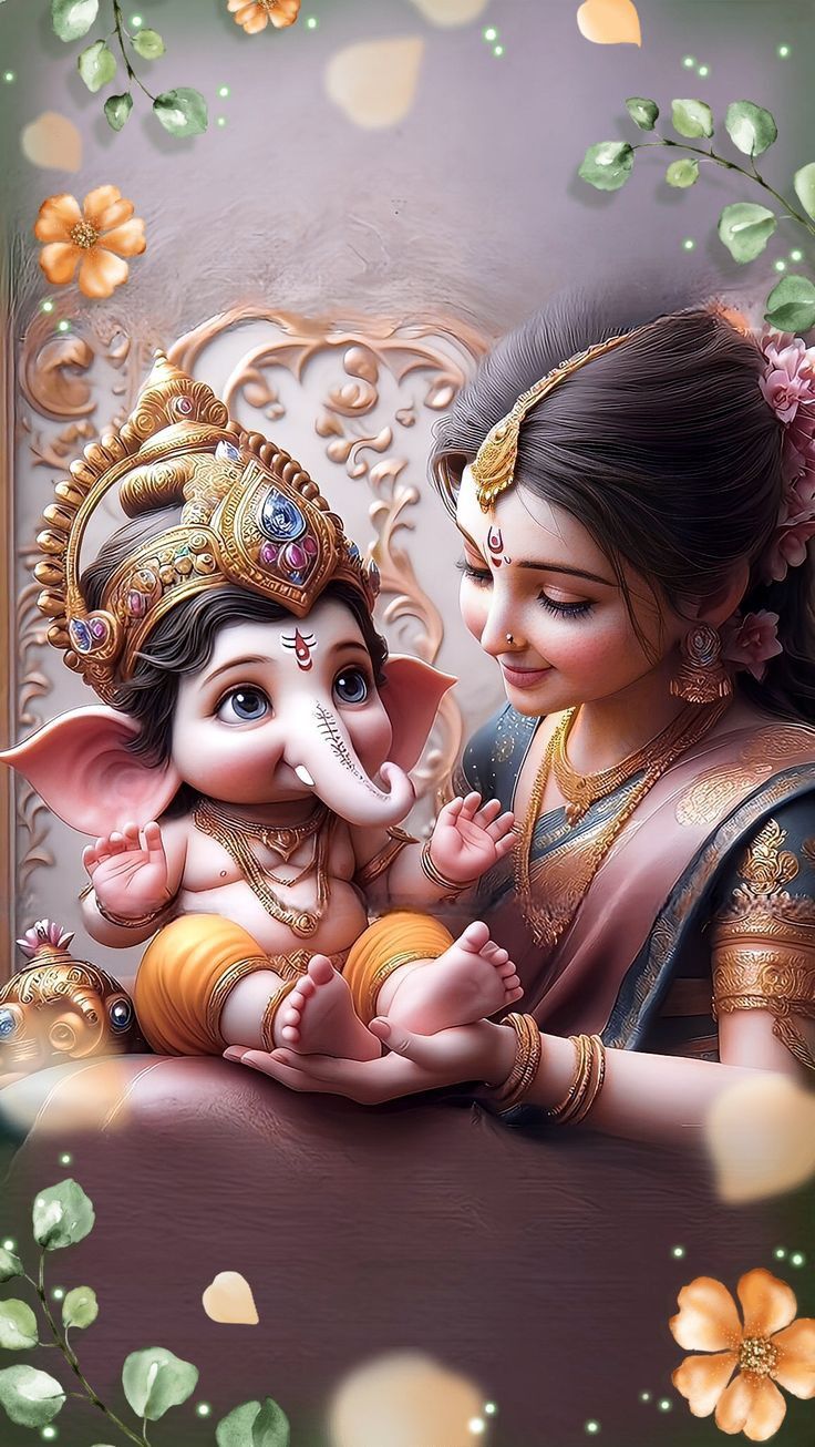 Parvati cradling baby Ganesha tenderly