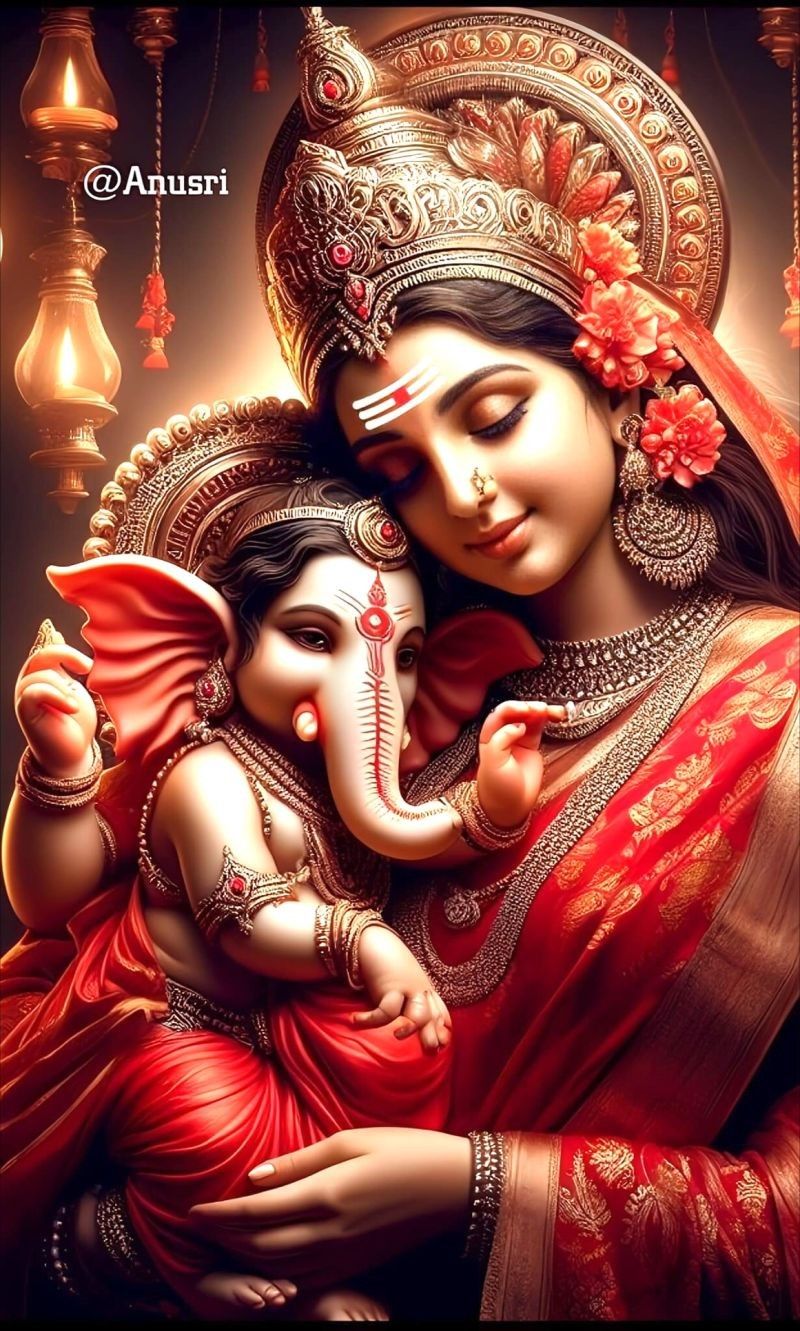 Parvati lovingly cradles baby Ganesha