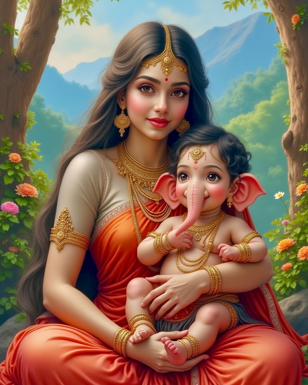 Parvati holding baby Ganesha in her arms