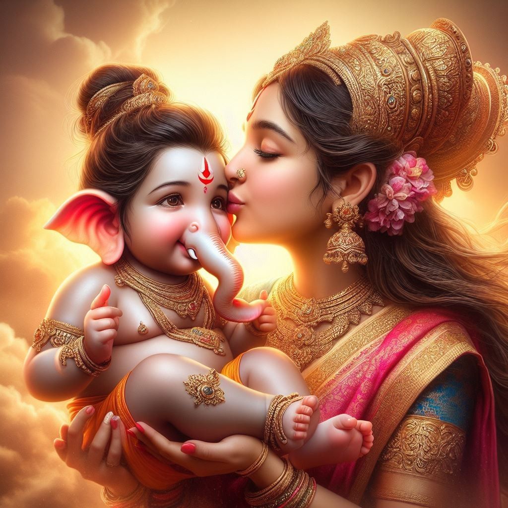 Parvati lovingly kisses baby Ganesha