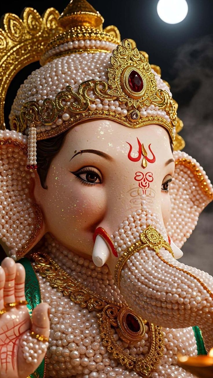 Pearl-decorated Ganesha face close-up