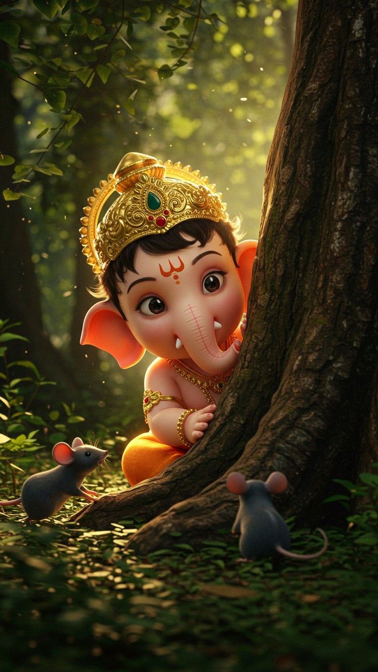 Ganesha peeking from forest tree.