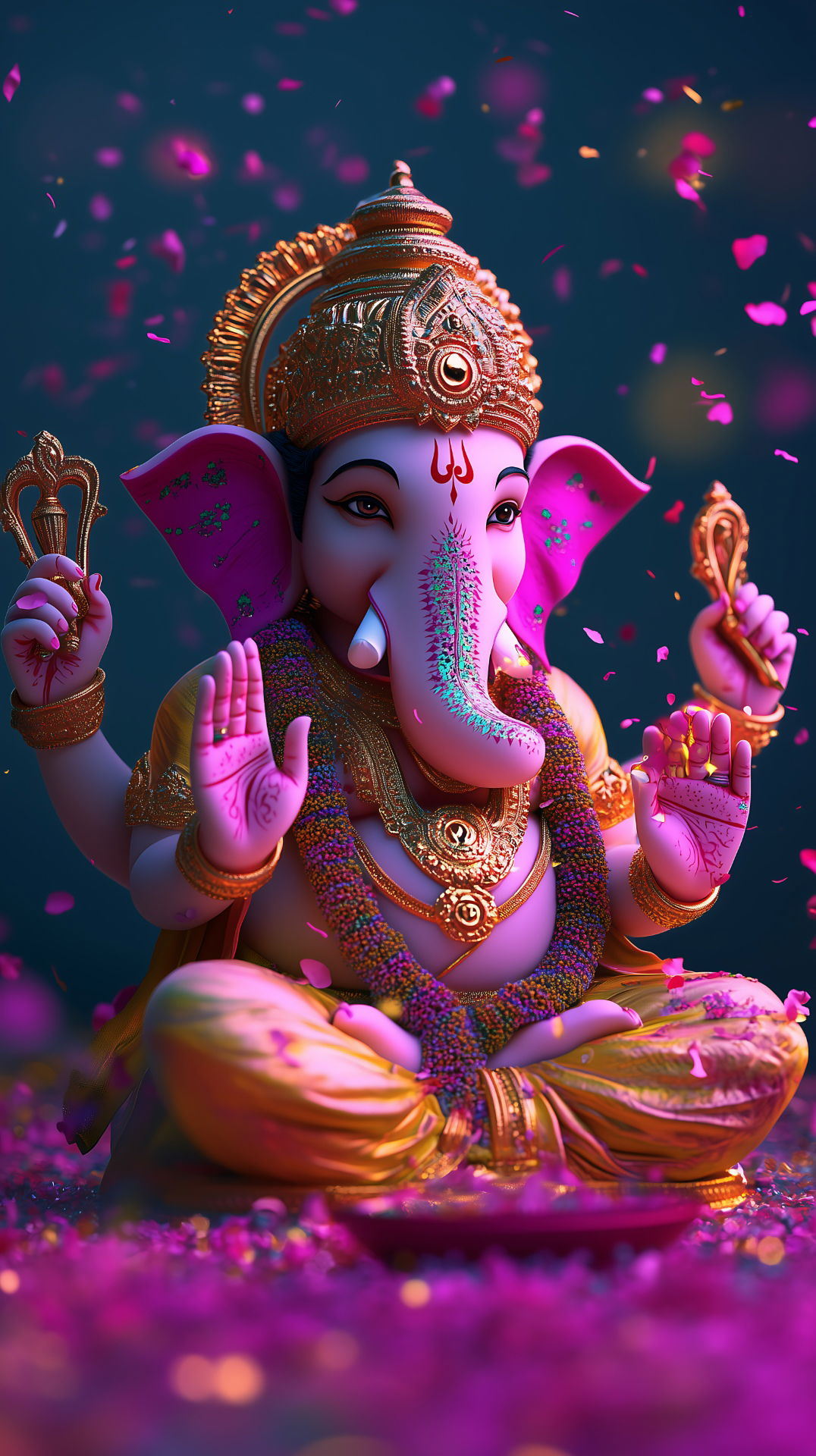 Lord Ganesha amidst pink floral shower