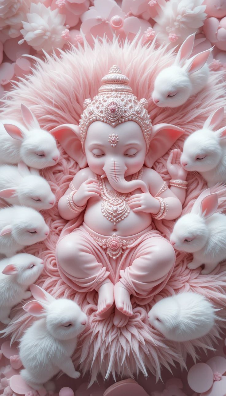 Baby Ganesha surrounded by lotus blossoms.