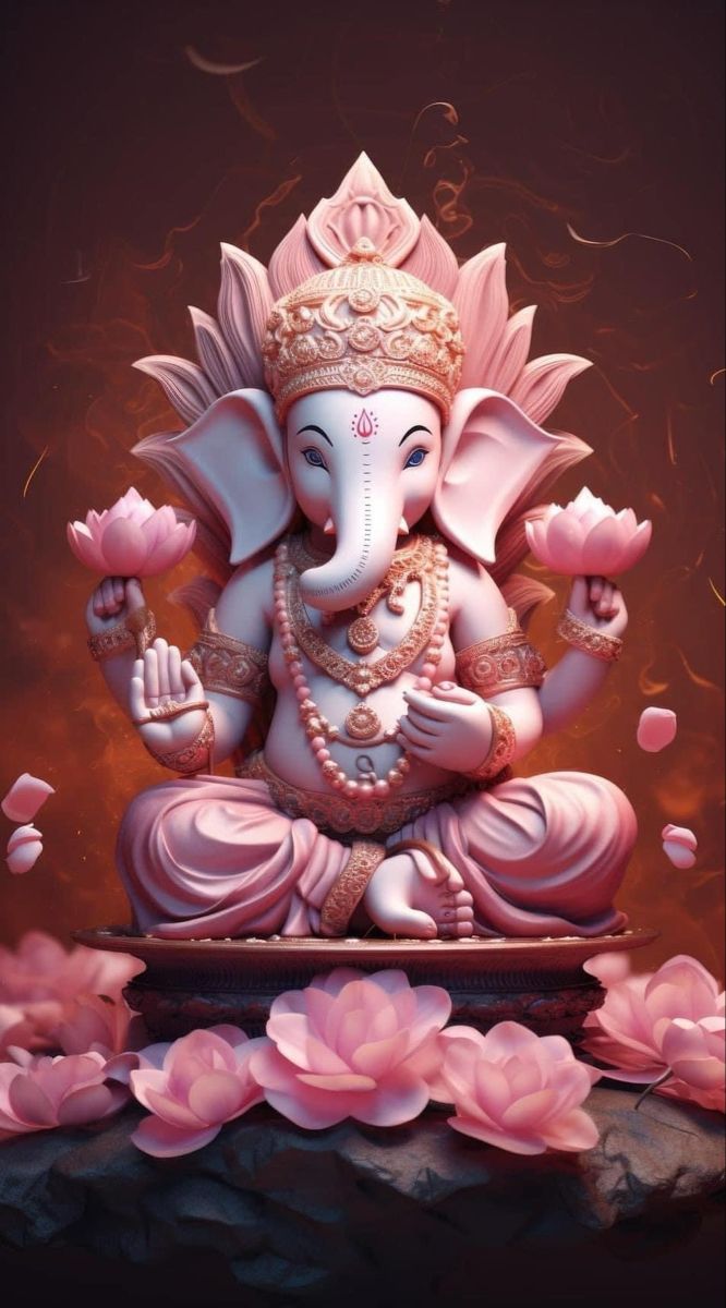 Ganesha holding lotus flowers, pink background
