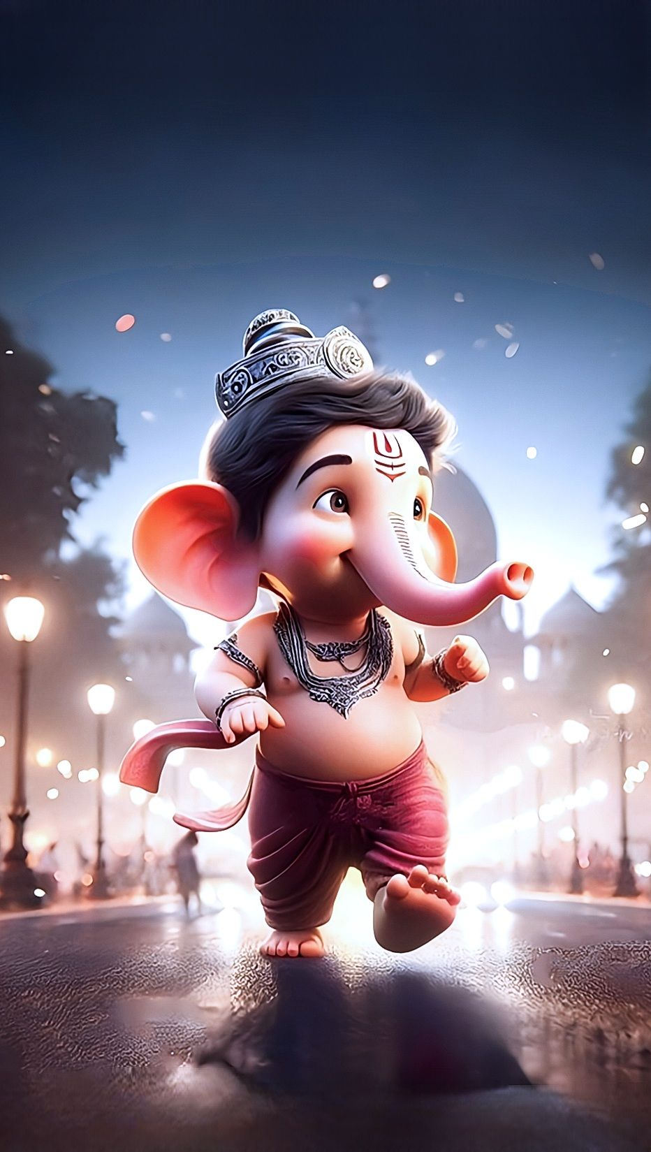 Playful baby Ganesha runs down street