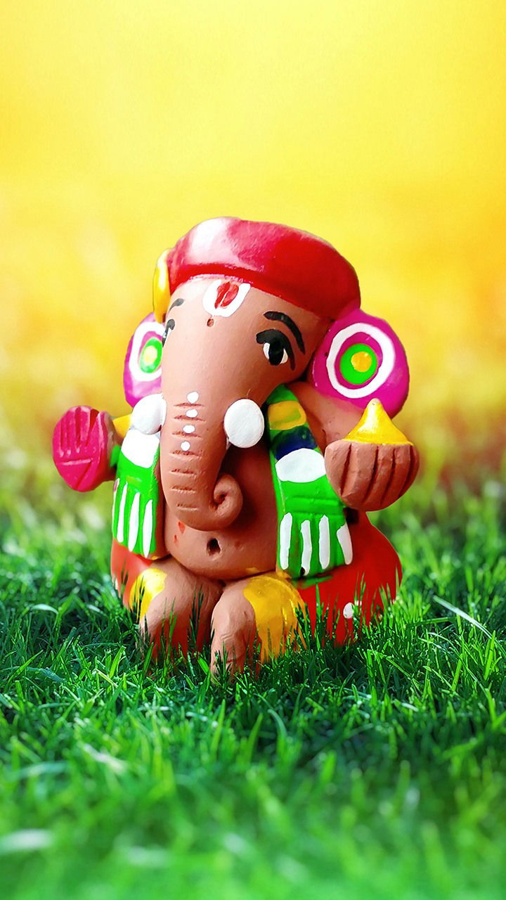 Colorful Ganesha idol sitting in grass
