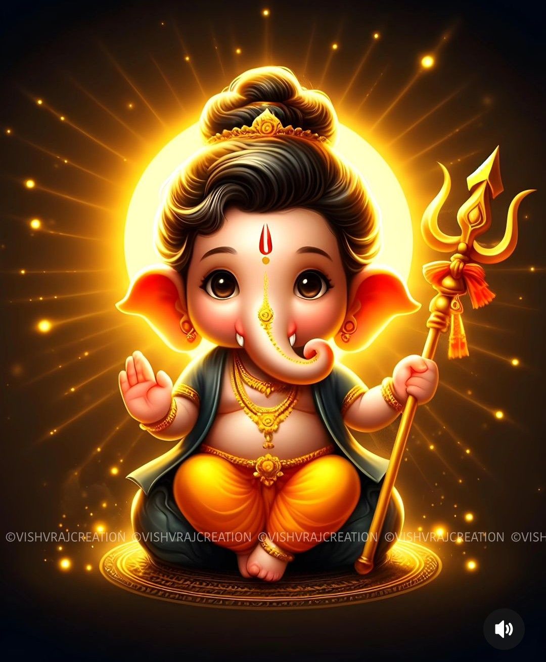 Adorable Bal Ganesha with trident and modak