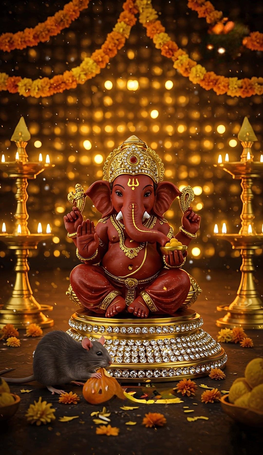 Golden Ganesha with mouse and flowers