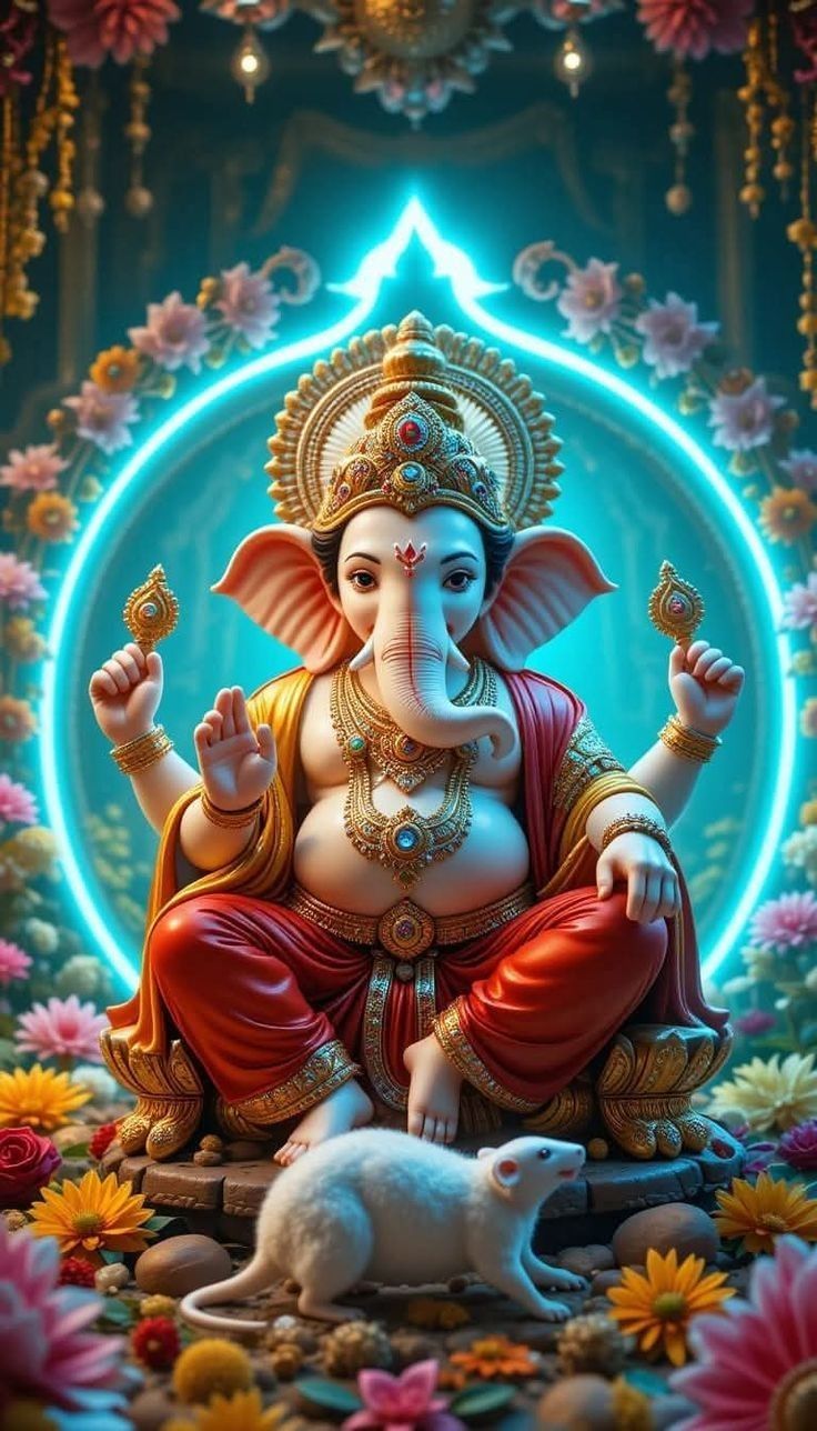 Lord Ganesha with mouse and flowers