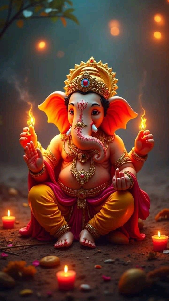 Lord Ganesha with lit diyas around.