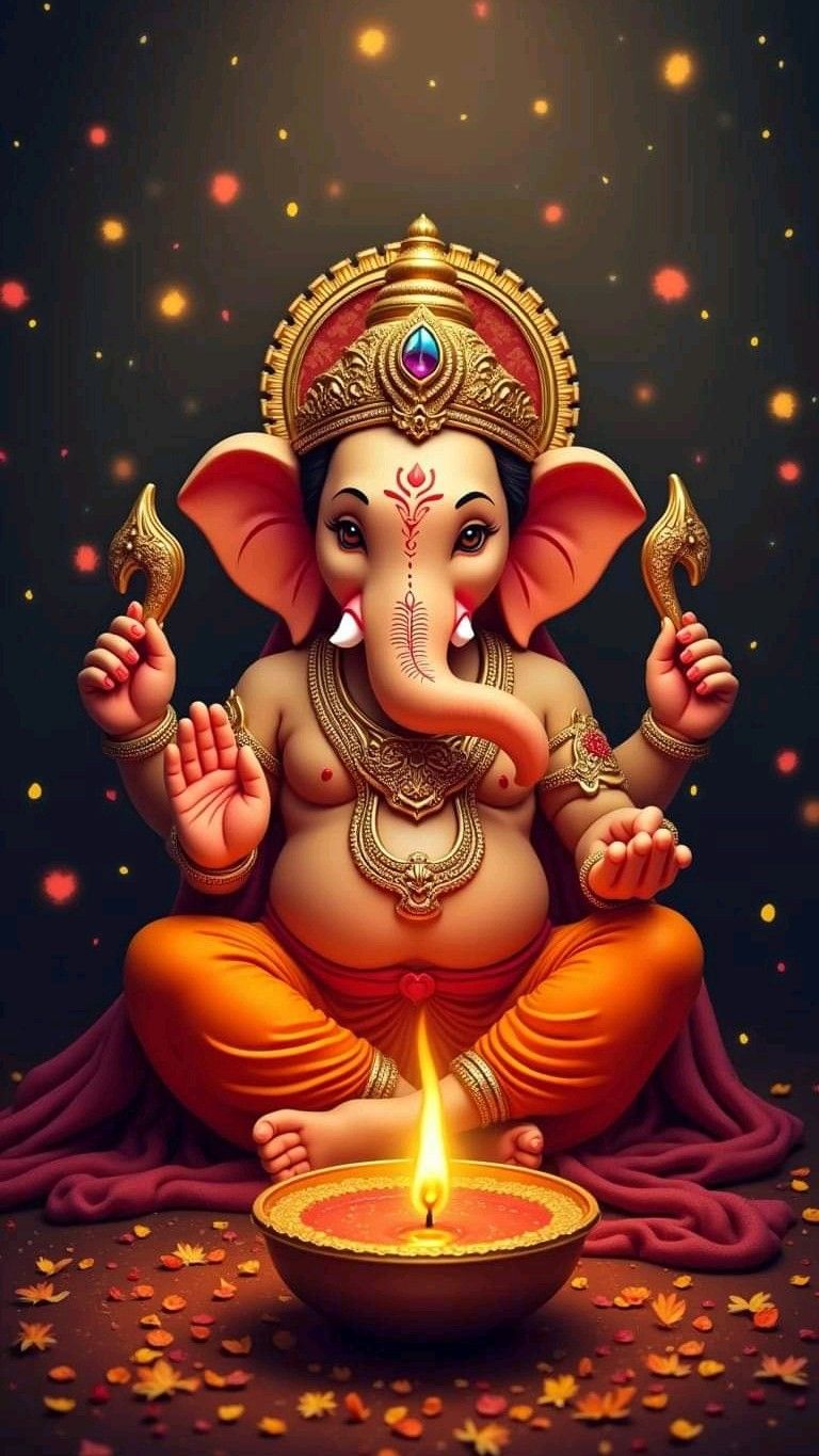 Lord Ganesha with a lit diya lamp
