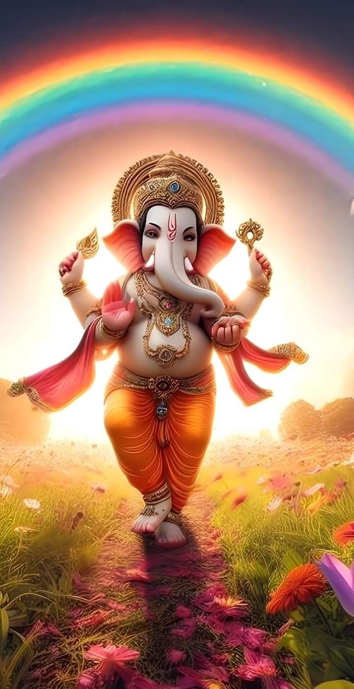 Ganesha emerging from vibrant rainbow