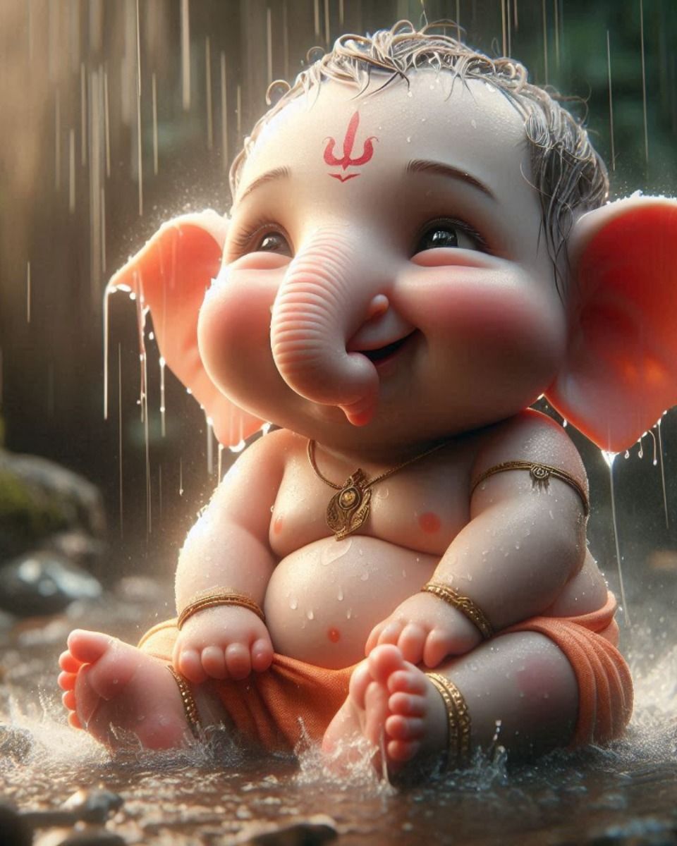 Baby Ganesha playing in the rain