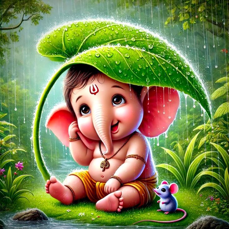 baby ganesha under lotus leaf rain