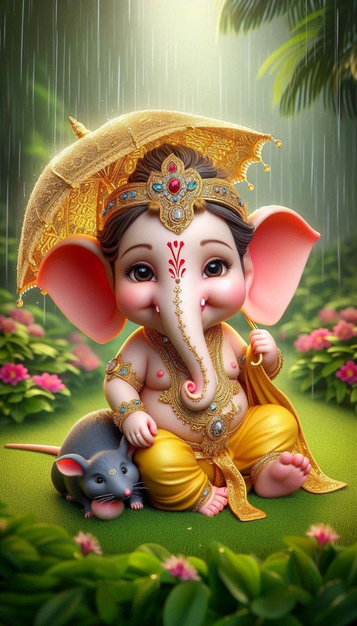 Baby Ganesha under umbrella in rain