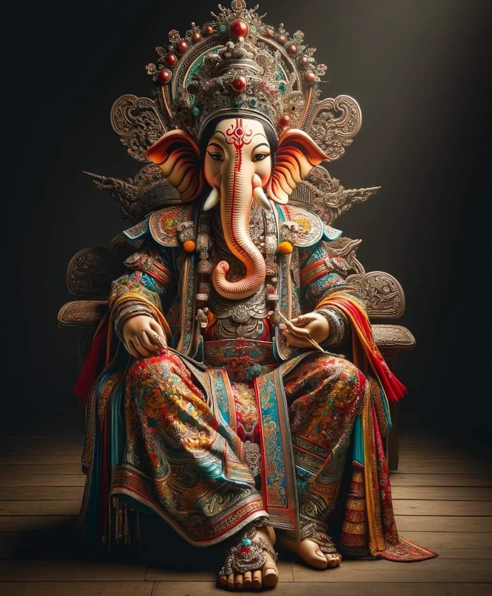 Ornate Ganesha statue seated on throne