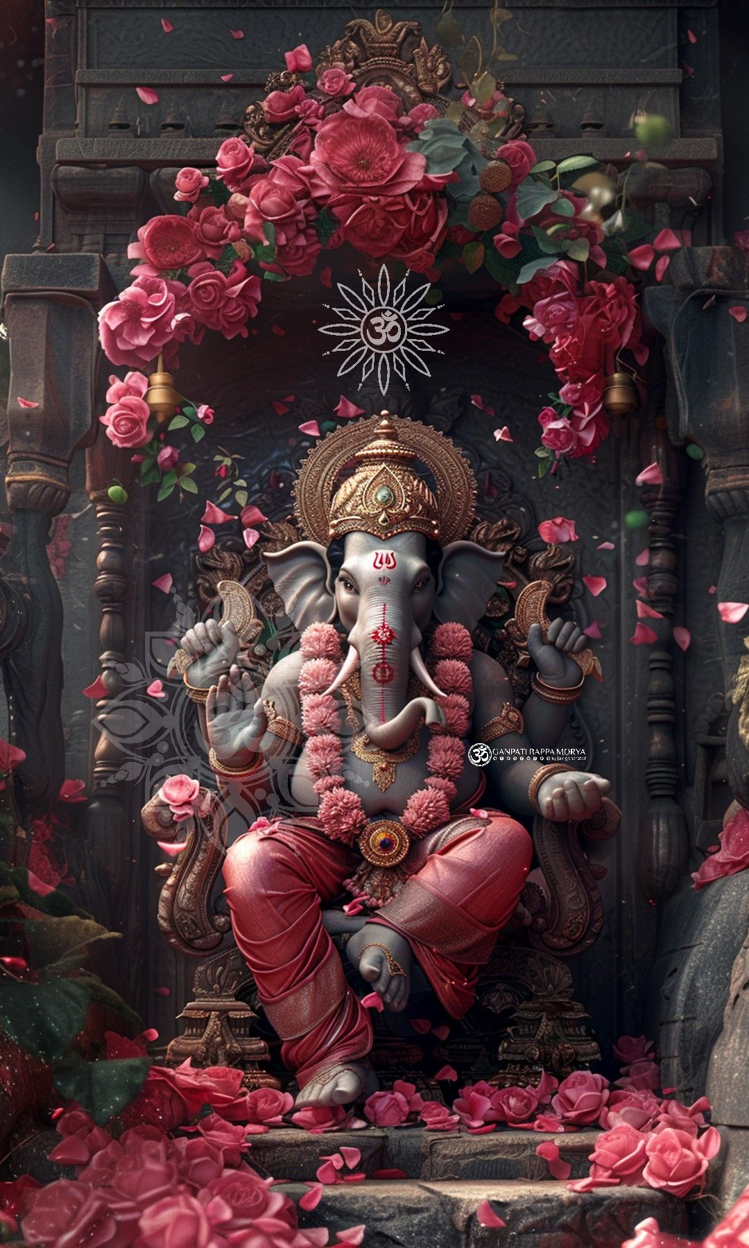 Lord Ganesha amidst pink flowers