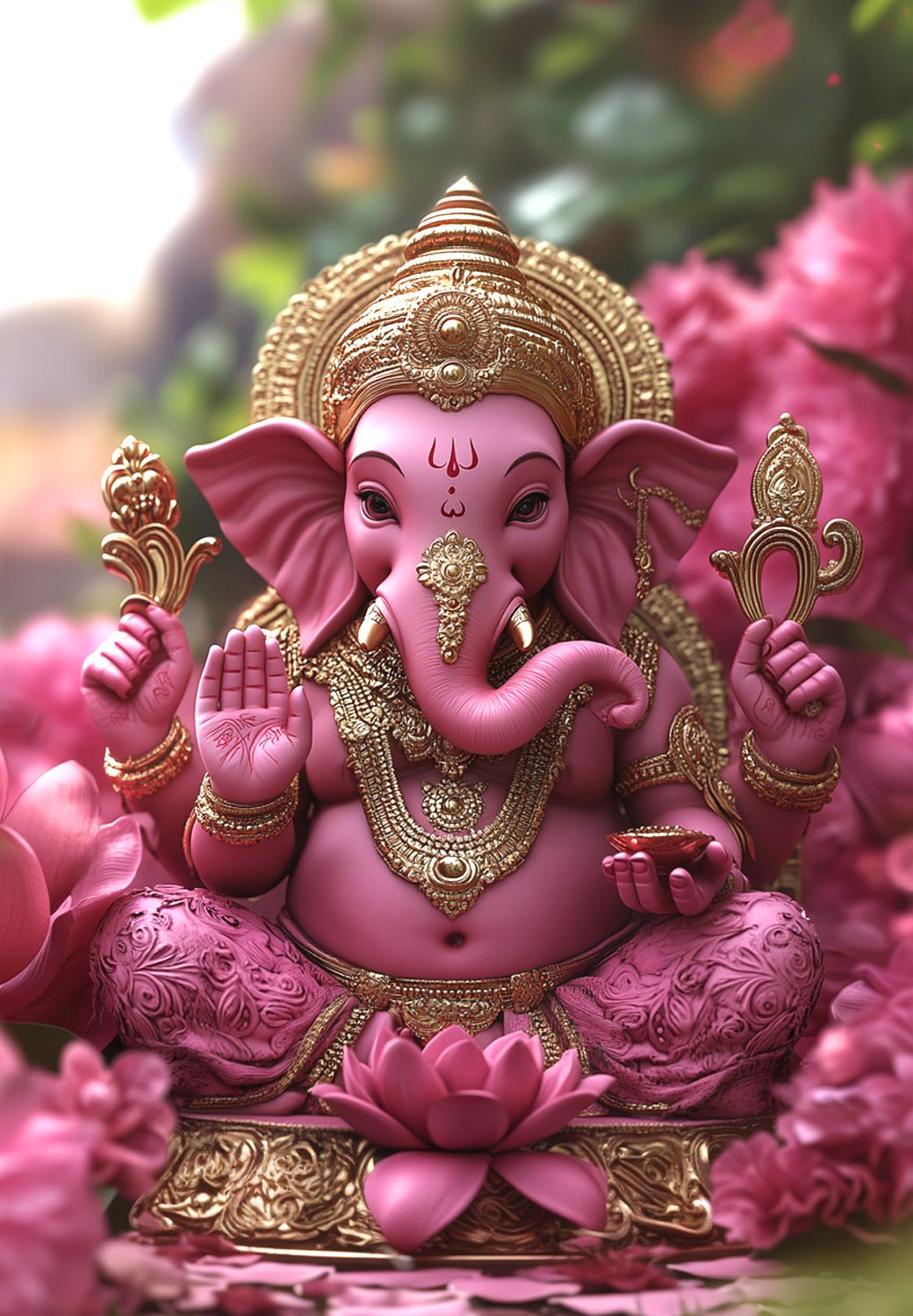 Pink Ganesha surrounded by lotus flowers