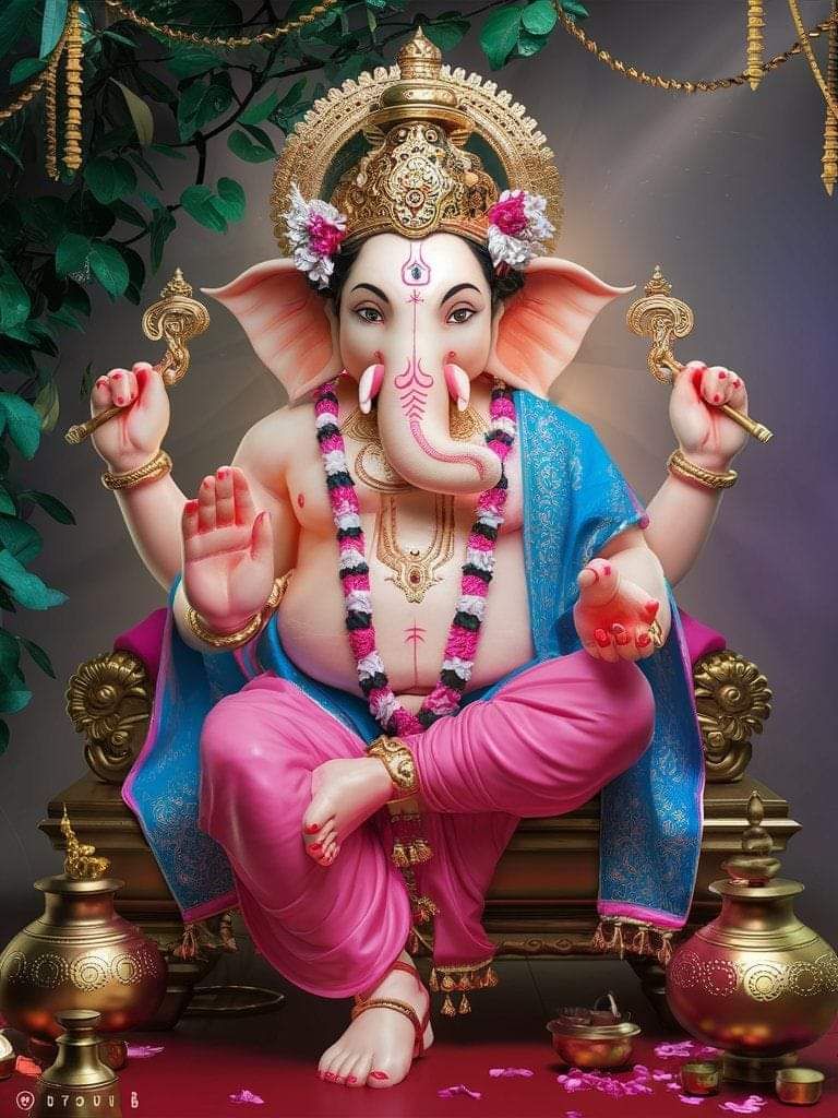 Pink Ganesha with flowers and modak