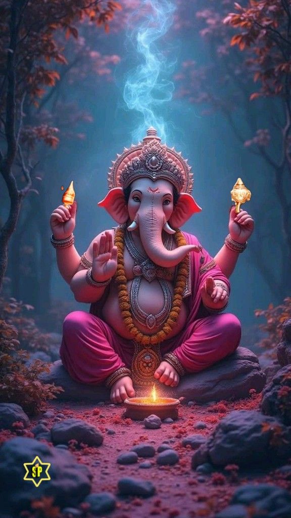 Lord Ganesha bestowing blessings, pink hue