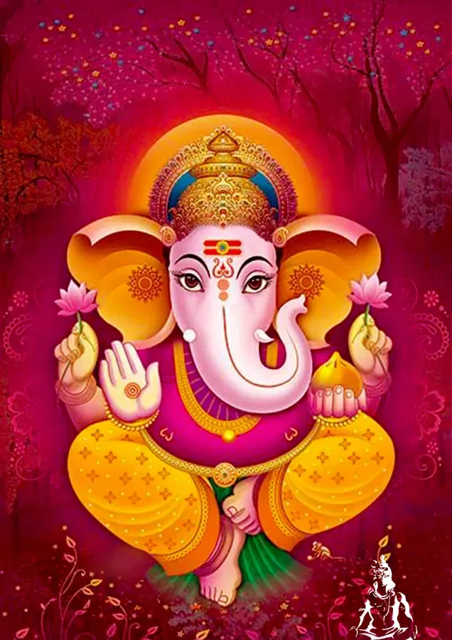 Lord Ganesha with pink lotus flowers