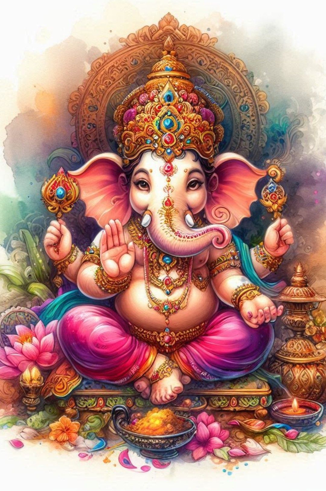 Lord Ganesha with offerings and lotus