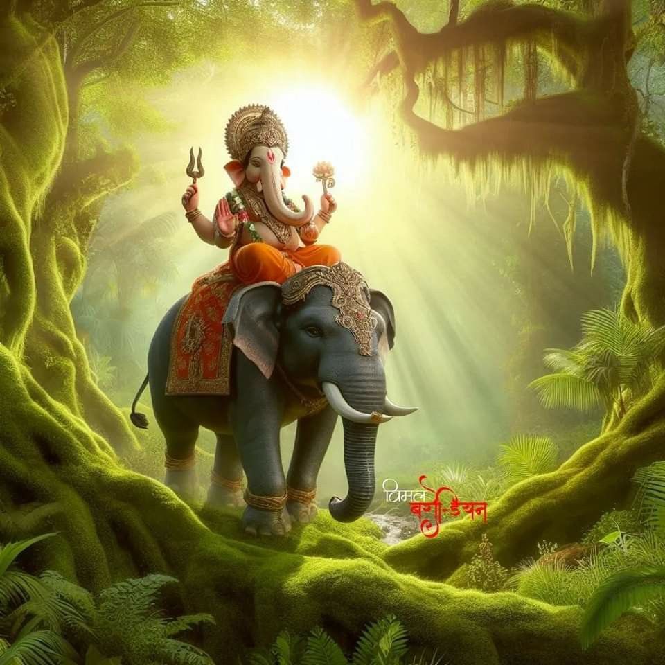 Lord Ganesha riding an elephant in forest