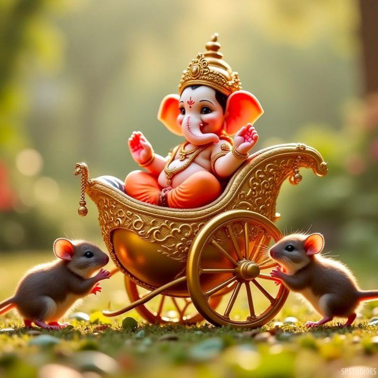 Ganesha rides a golden chariot with mice