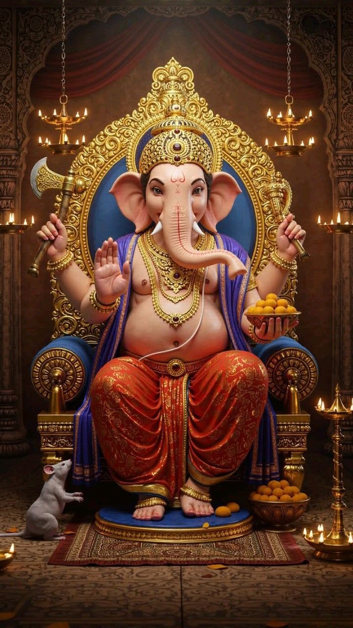 Lord Ganesha seated on golden throne
