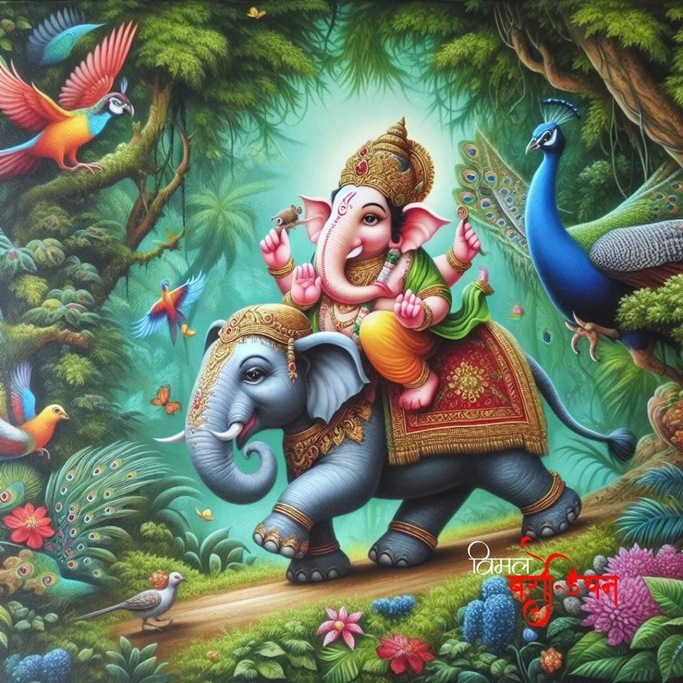 Ganesha riding an elephant in forest