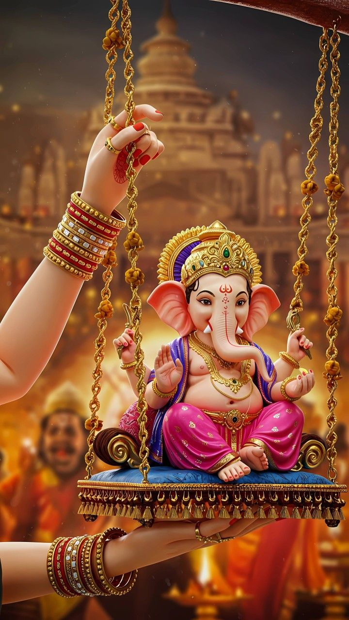 Ganesha swinging on a golden swing