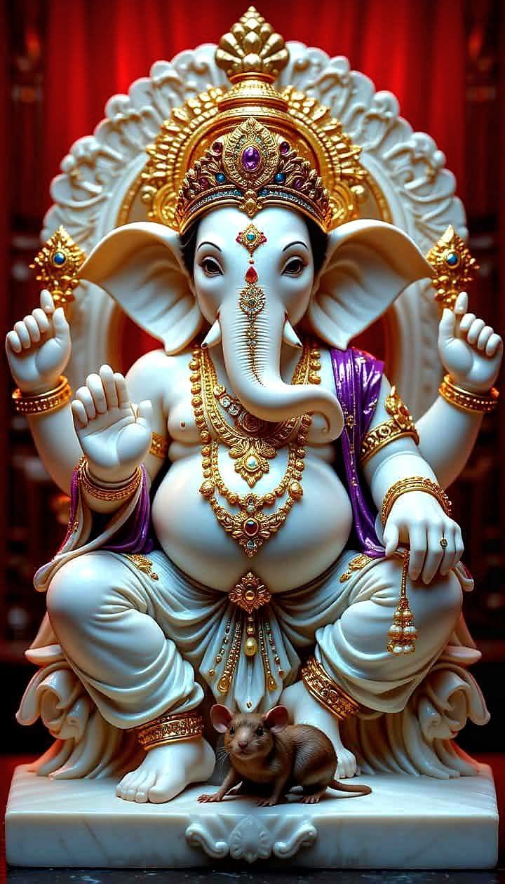 Golden Ganesha statue with mouse vahana