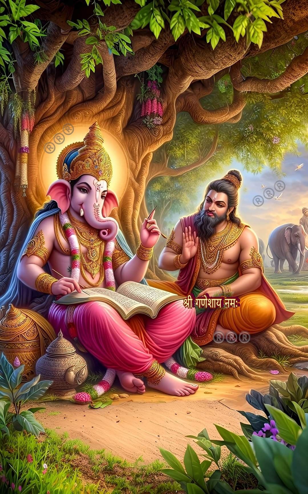 Ganesha and Shiva writing in forest