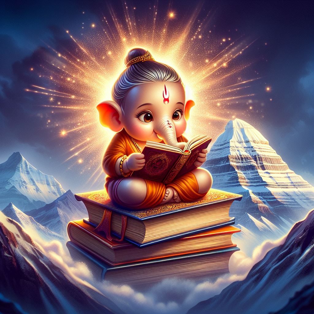 Baby Ganesha reading sacred texts mountains