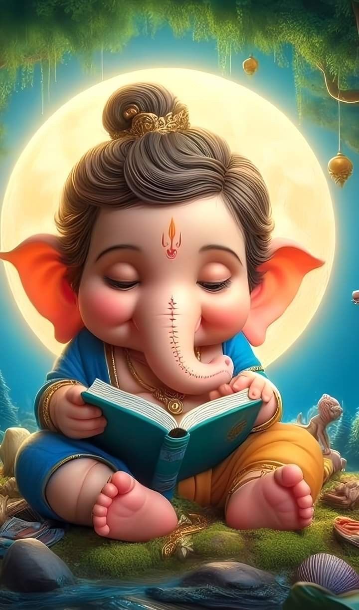 Baby Ganesha reading a holy book.
