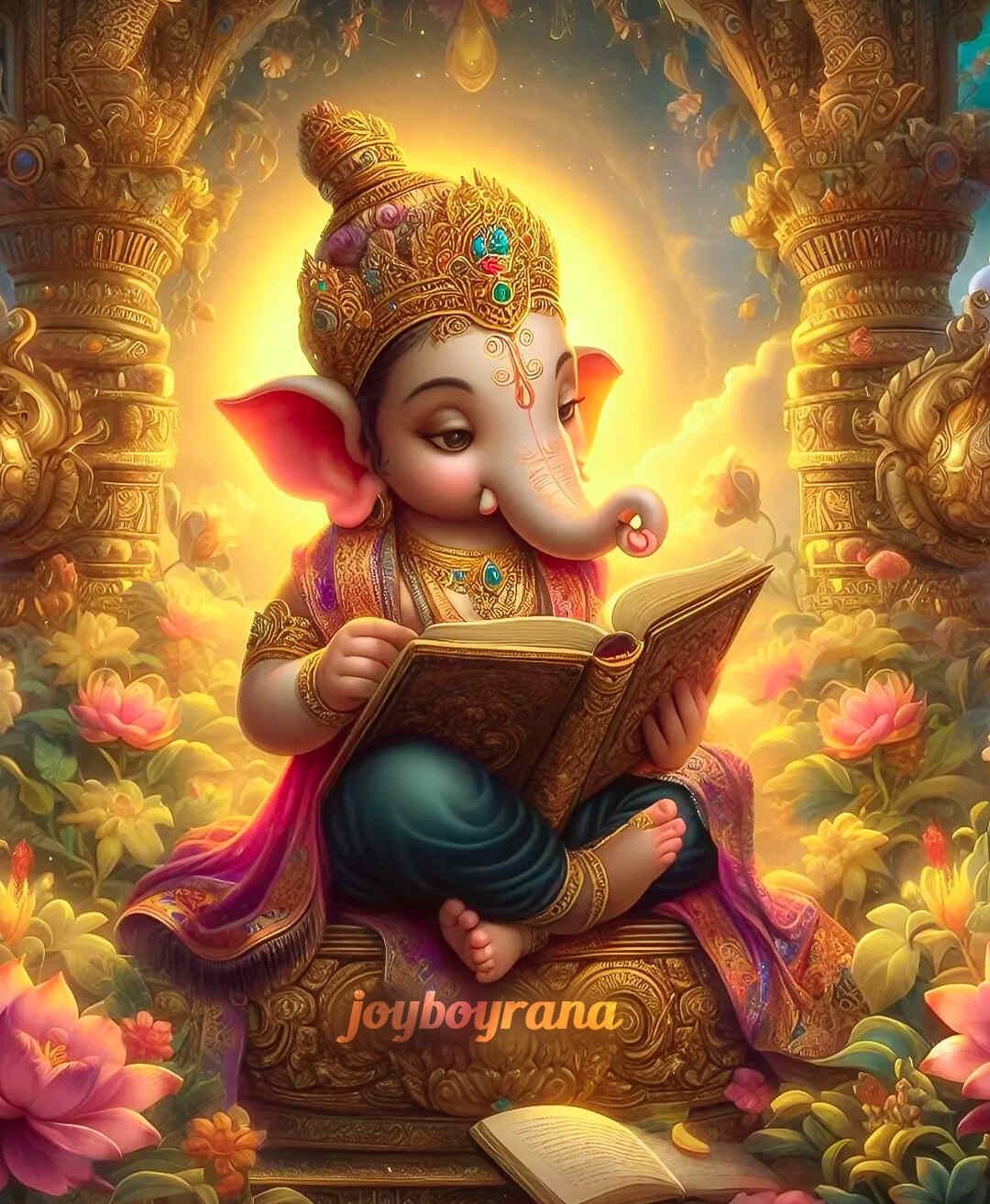 Lord Ganesha reading a sacred book