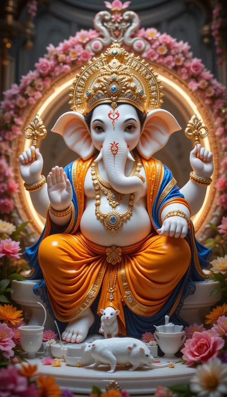 Lord Ganesha with flower backdrop