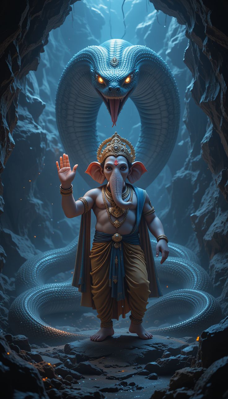 Ganesha standing before Sheshnag serpent