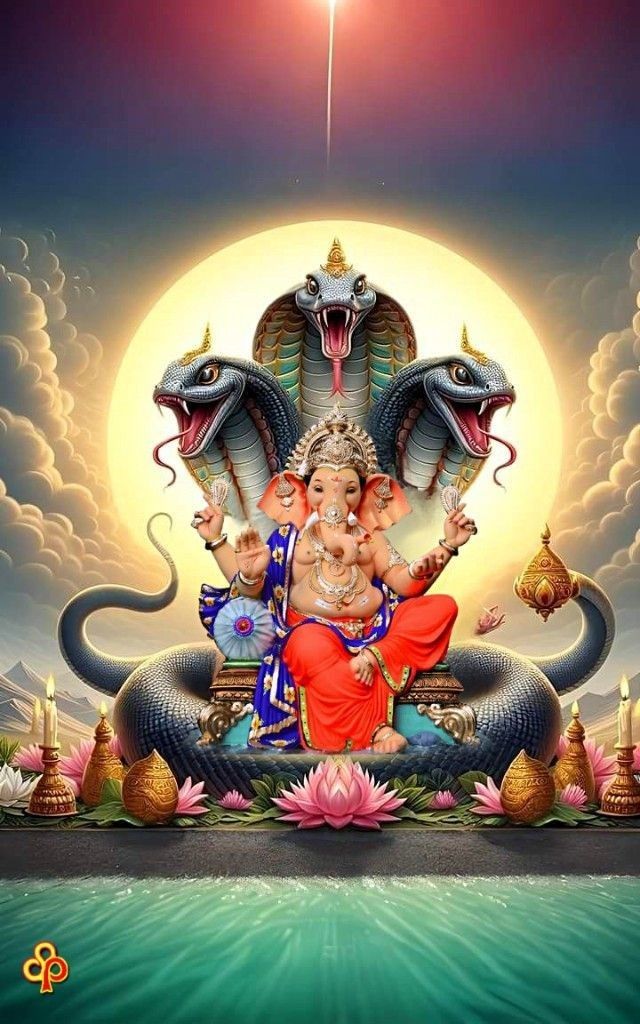 Ganesha seated on a serpent throne