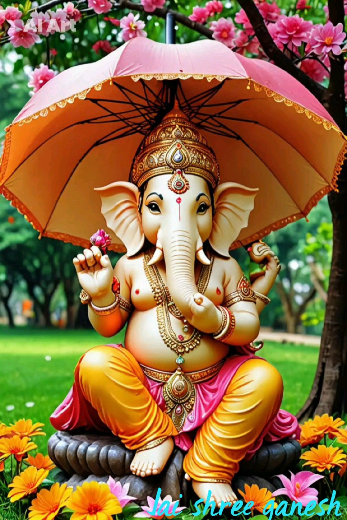 Ganesha sheltered by an orange umbrella