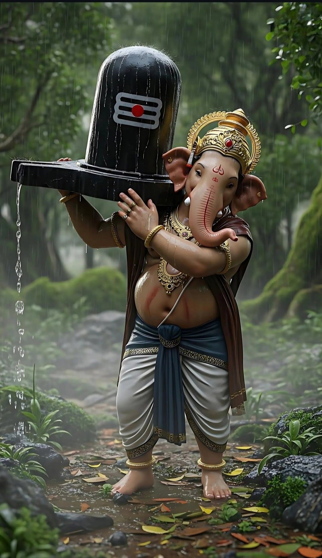 Ganesha carries Shiva Lingam in rain