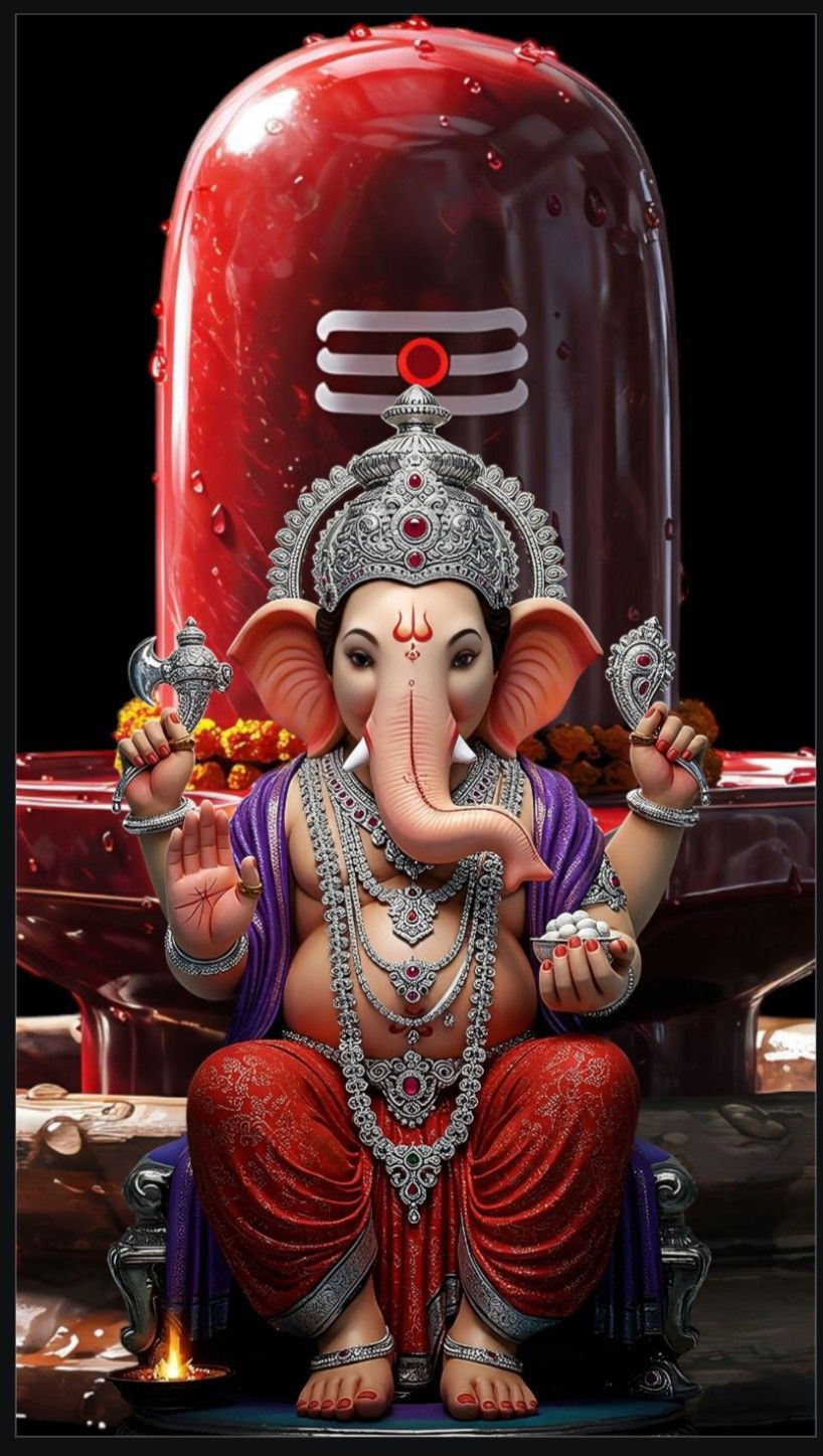 Ganesha seated before Shiva Lingam