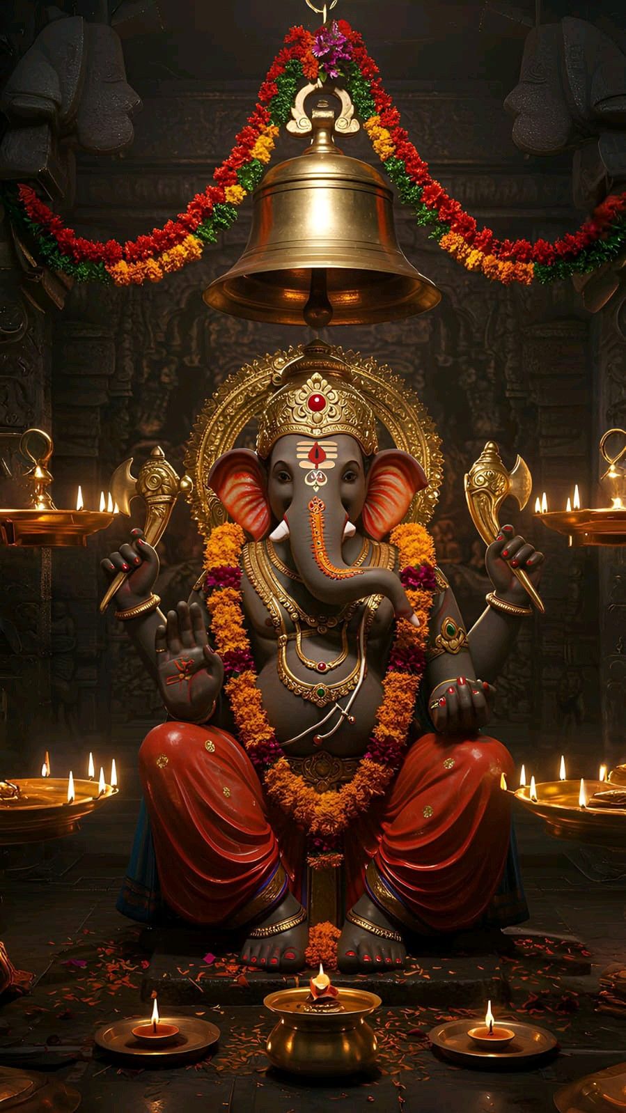 Lord Ganesha with bell and flowers