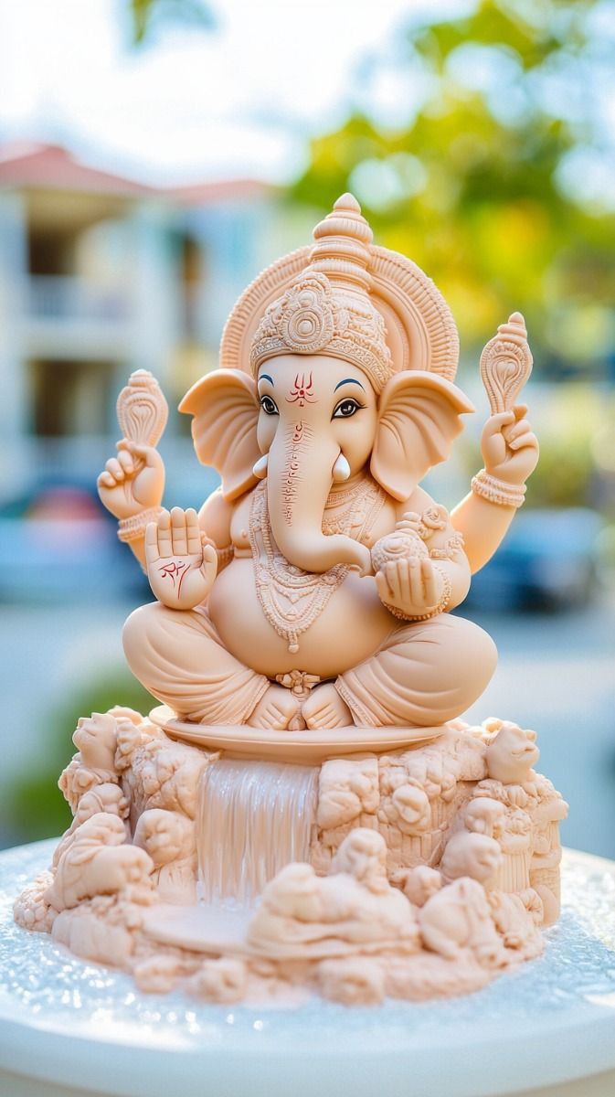 Smiling Ganesha statue with modaks.