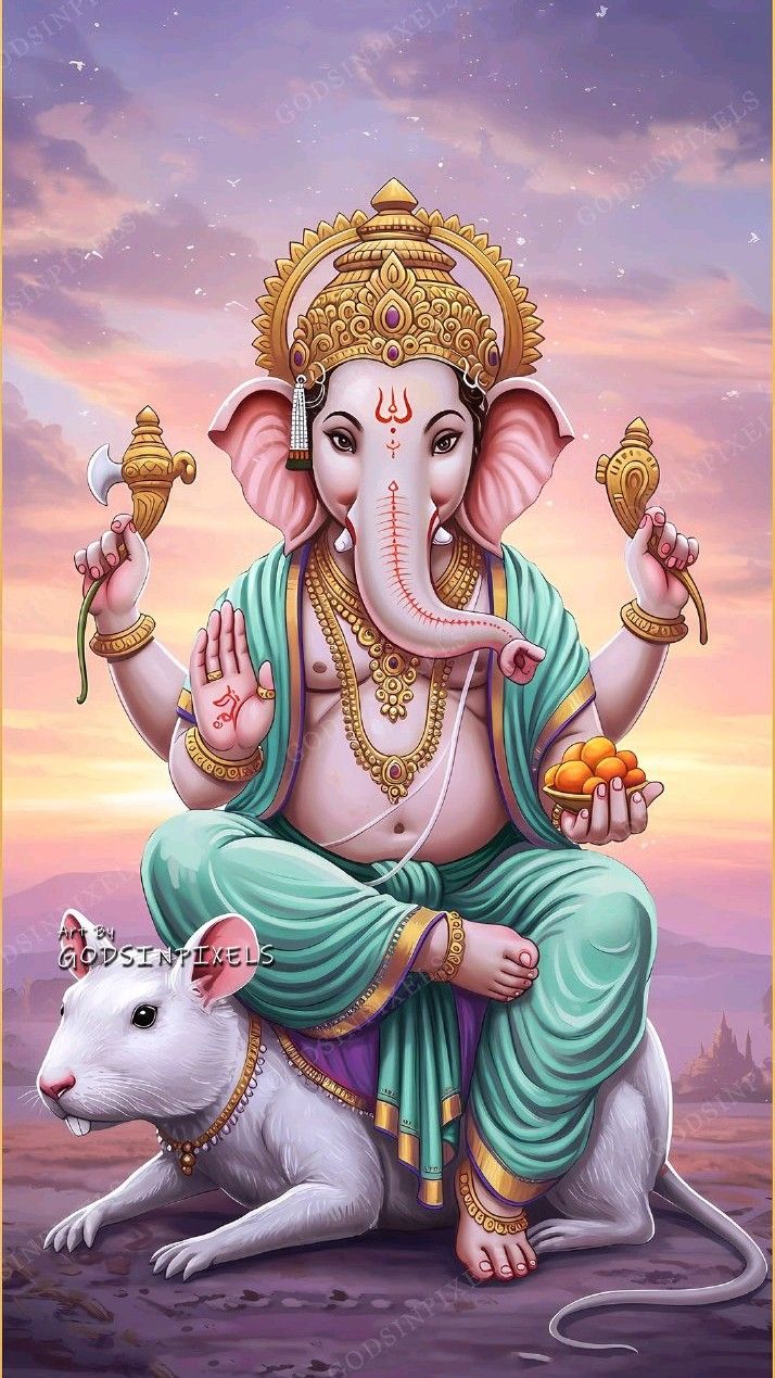 Lord Ganesha with modaks and mouse